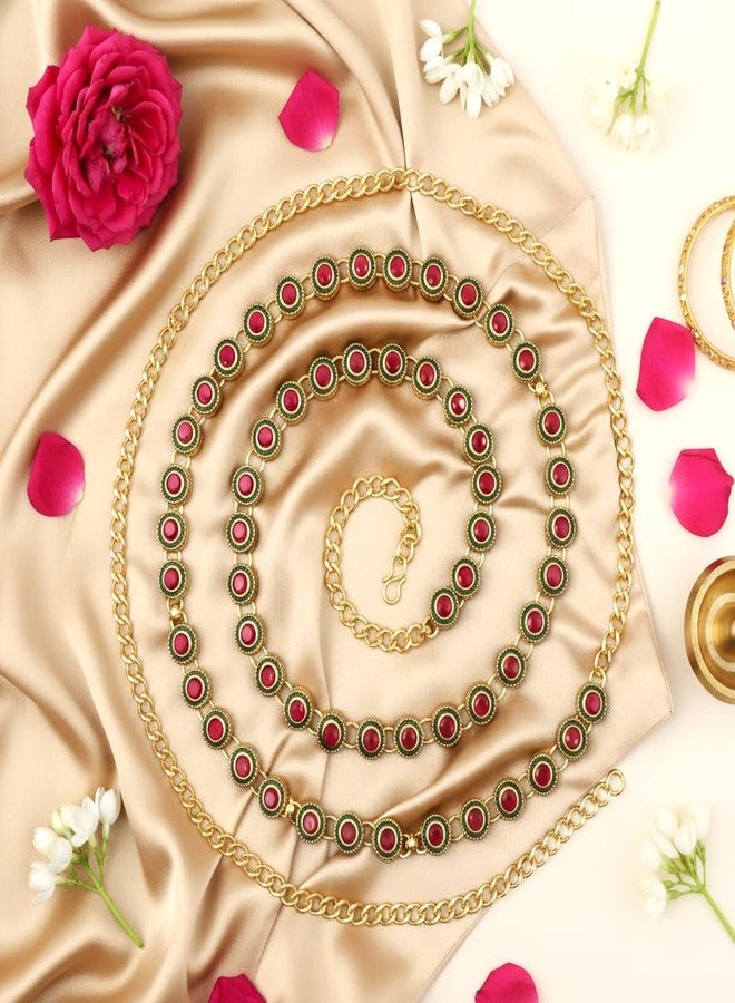 Varnii Traditional Antique Gold Plated Kamarband for Women | Adjustable Ethnic Waist Belt with Pink and Green color | Bridal Wedding Saree Jewellery - Image 3
