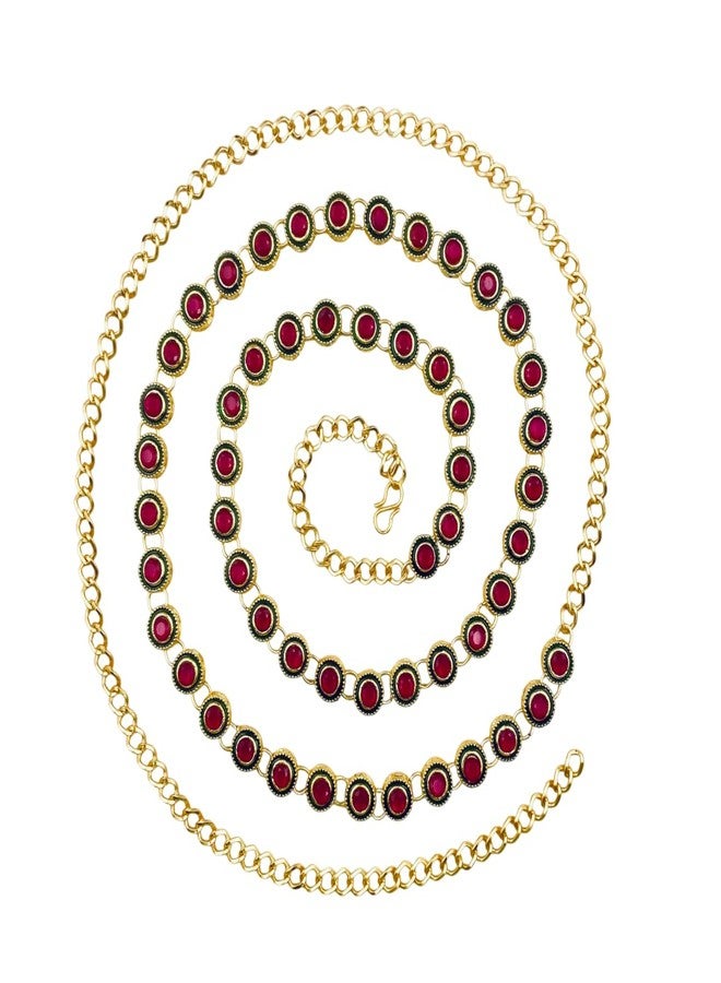 Varnii Traditional Antique Gold Plated Kamarband for Women | Adjustable Ethnic Waist Belt with Pink and Green color | Bridal Wedding Saree Jewellery - Image 1