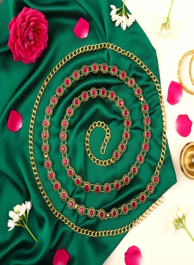 Varnii Traditional Antique Gold Plated Kamarband for Women | Adjustable Ethnic Waist Belt with Pink and Green color | Bridal Wedding Saree Jewellery - Image 4