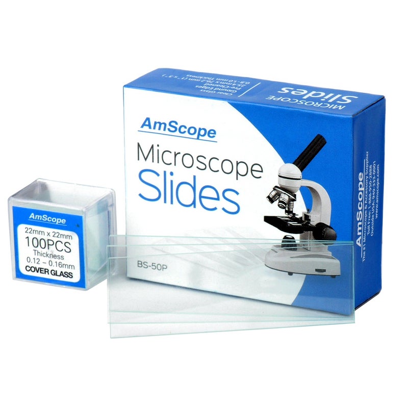 AmScope AmScope BS-50P-100S-22 Pre-Cleaned Blank Ground Edge Glass Microscope Slides and 100pc Pre-Cleaned Square Glass Cover Slips Coverslips - Image 1