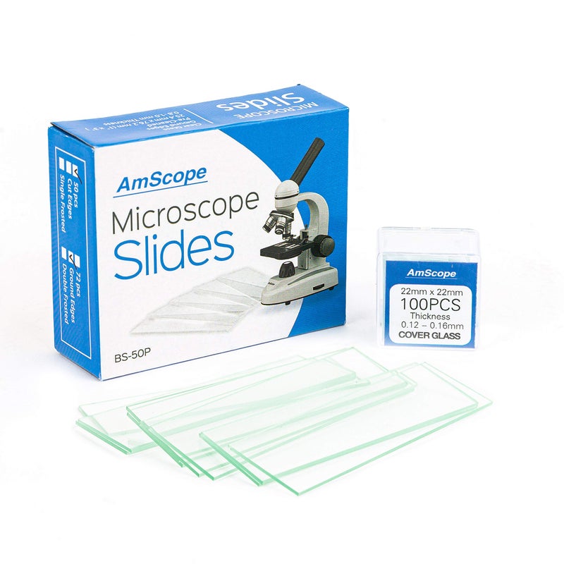 AmScope AmScope BS-50P-100S-22 Pre-Cleaned Blank Ground Edge Glass Microscope Slides and 100pc Pre-Cleaned Square Glass Cover Slips Coverslips - Image 2