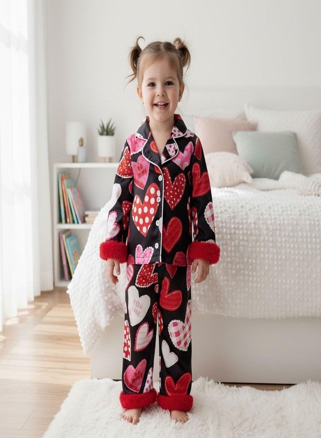 fyclemt Kids Toddler Girls Valentines Satin Pajamas Set Heart Bow Print Long Sleeve Button Down Shirts Pants Pjs Sleepwear Loungewear (Black, 12-18 Months) - Image 2
