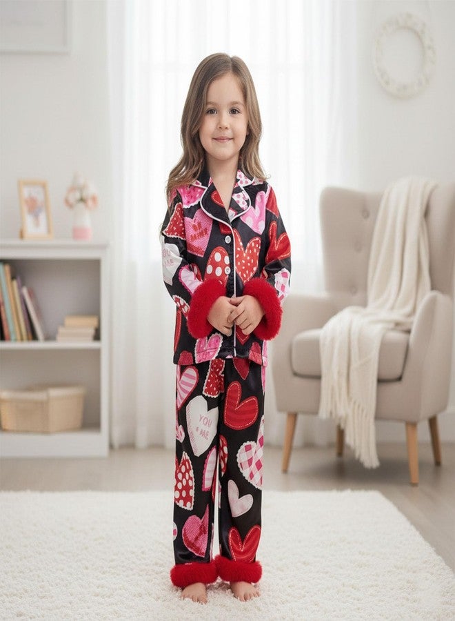 fyclemt Kids Toddler Girls Valentines Satin Pajamas Set Heart Bow Print Long Sleeve Button Down Shirts Pants Pjs Sleepwear Loungewear (Black, 12-18 Months) - Image 3