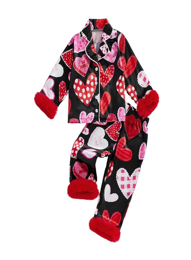 fyclemt Kids Toddler Girls Valentines Satin Pajamas Set Heart Bow Print Long Sleeve Button Down Shirts Pants Pjs Sleepwear Loungewear (Black, 12-18 Months) - Image 1