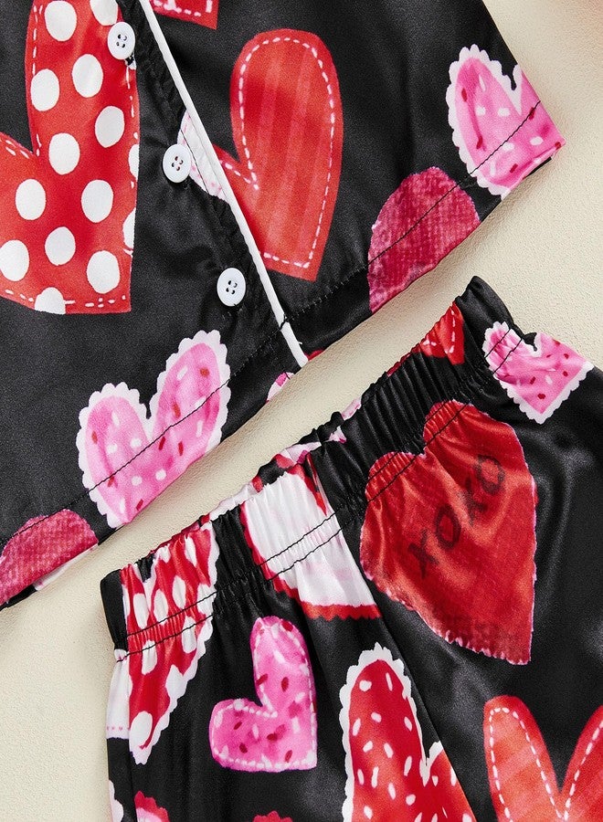 fyclemt Kids Toddler Girls Valentines Satin Pajamas Set Heart Bow Print Long Sleeve Button Down Shirts Pants Pjs Sleepwear Loungewear (Black, 12-18 Months) - Image 5