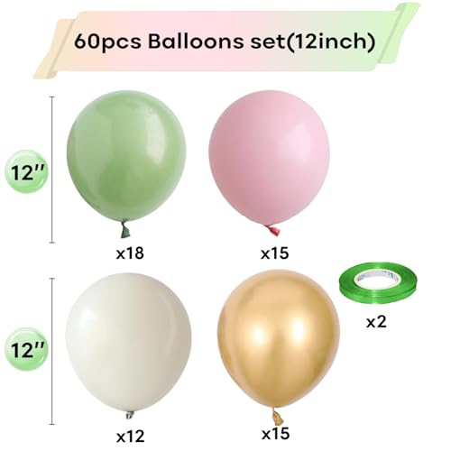 Togvu Sage Green Pink Balloon 60 Packs 12 Inch Olive Green Pink Balloon with Sand White Metallic Gold Balloons for Girls Baby Shower Birthday Jungle Safari Woodland Party Decorations - Image 5
