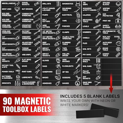 JUZARI 90 Pcs Magnetic Tool Box Labels 3.5x1 inch - Magnetic Toolbox Labels for Tool Box Drawers Strong Magnet Toolbox Organizer Chest Black Pre-Printed & Blanked Emblems for Organization - Toolbox Emblems - Image 4