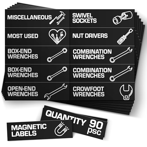 JUZARI 90 Pcs Magnetic Tool Box Labels 3.5x1 inch - Magnetic Toolbox Labels for Tool Box Drawers Strong Magnet Toolbox Organizer Chest Black Pre-Printed & Blanked Emblems for Organization - Toolbox Emblems - Image 1