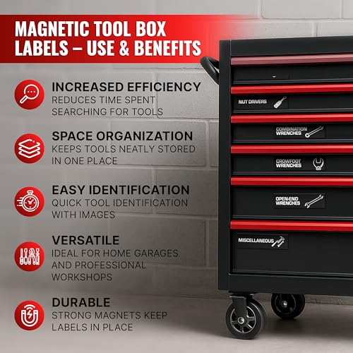 JUZARI 90 Pcs Magnetic Tool Box Labels 3.5x1 inch - Magnetic Toolbox Labels for Tool Box Drawers Strong Magnet Toolbox Organizer Chest Black Pre-Printed & Blanked Emblems for Organization - Toolbox Emblems - Image 3