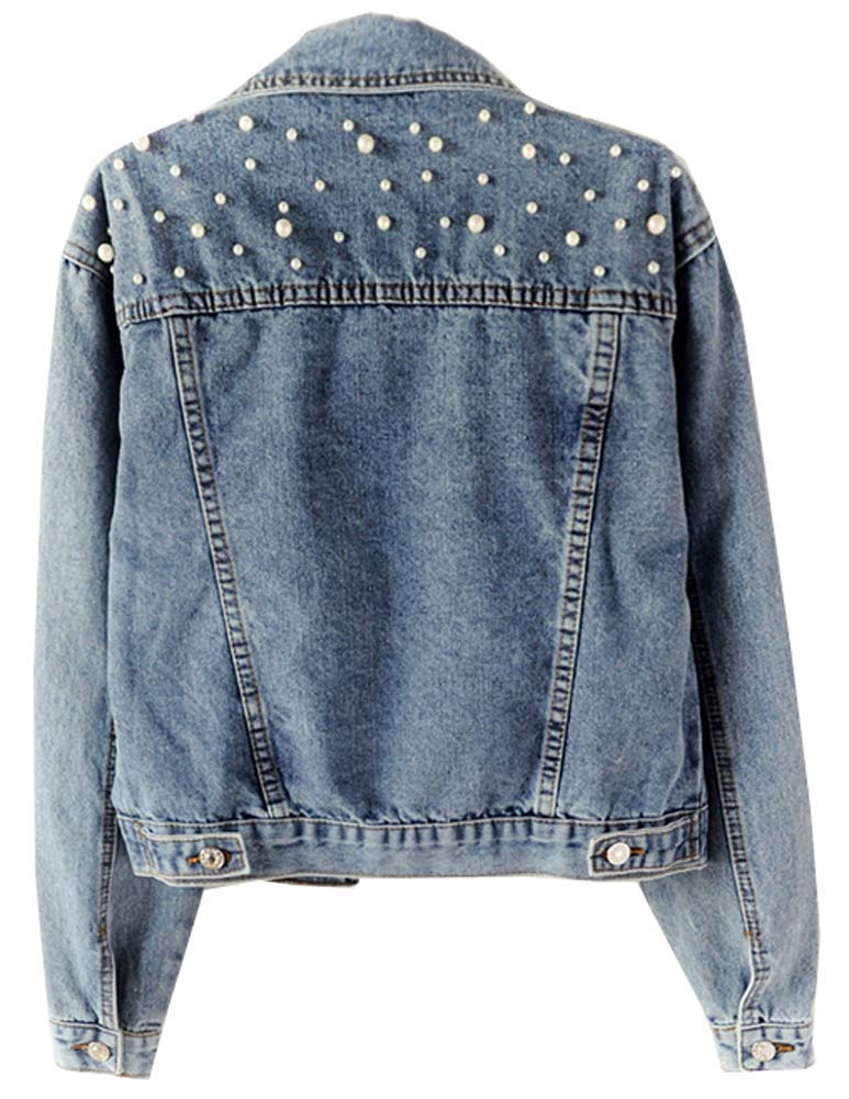Kedera Women Oversized Denim Jacket Embroidered Pearls Beading Jeans Coat (Blue, Medium) - Image 2