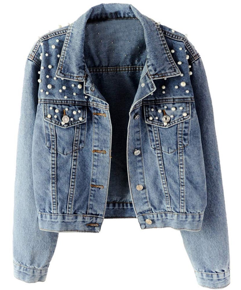 Kedera Women Oversized Denim Jacket Embroidered Pearls Beading Jeans Coat (Blue, Medium) - Image 1