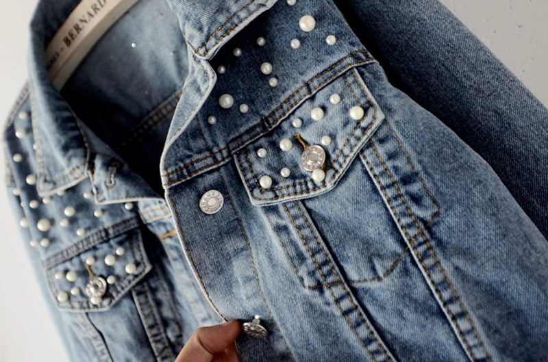 Kedera Women Oversized Denim Jacket Embroidered Pearls Beading Jeans Coat (Blue, Medium) - Image 4