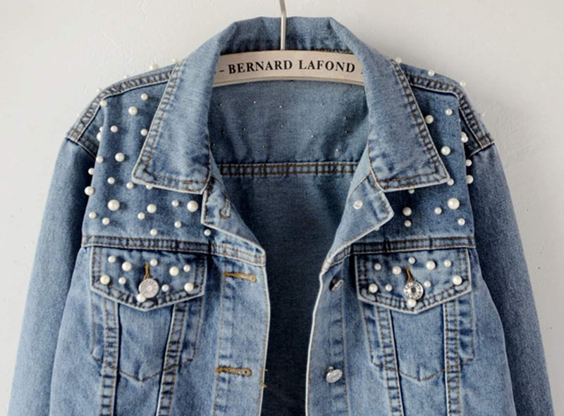 Kedera Women Oversized Denim Jacket Embroidered Pearls Beading Jeans Coat (Blue, Medium) - Image 3