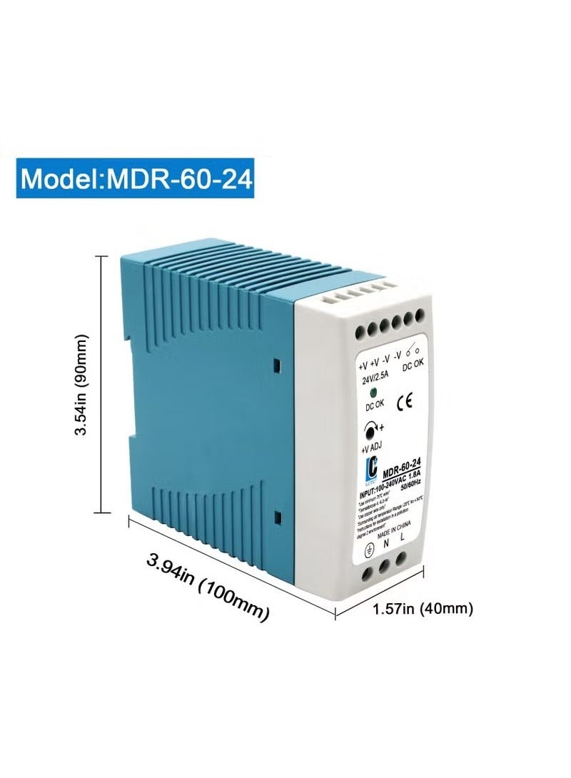 Din Rail DC 24V Switching Power Supply, MDR 60W Rail Type, Input:100-240VAC,Output:24VDC,50/60HZ, Power Supply Switch Switching Converter, 24V 2.5 - Image 3