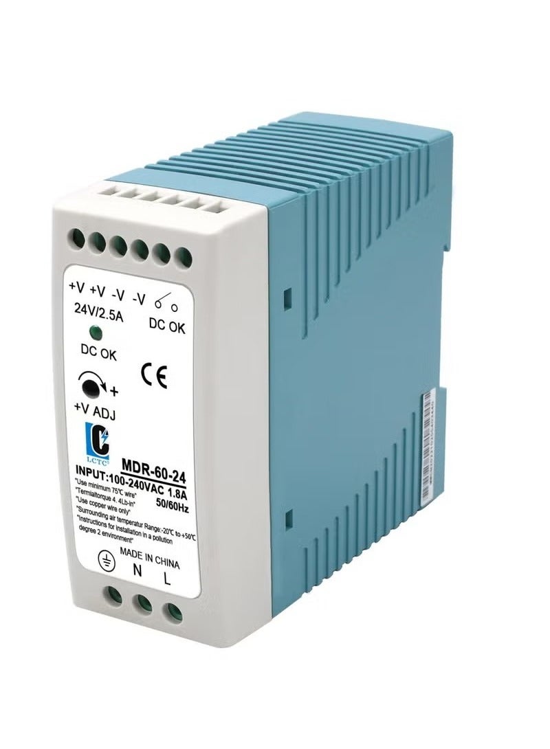 Din Rail DC 24V Switching Power Supply, MDR 60W Rail Type, Input:100-240VAC,Output:24VDC,50/60HZ, Power Supply Switch Switching Converter, 24V 2.5 - Image 1