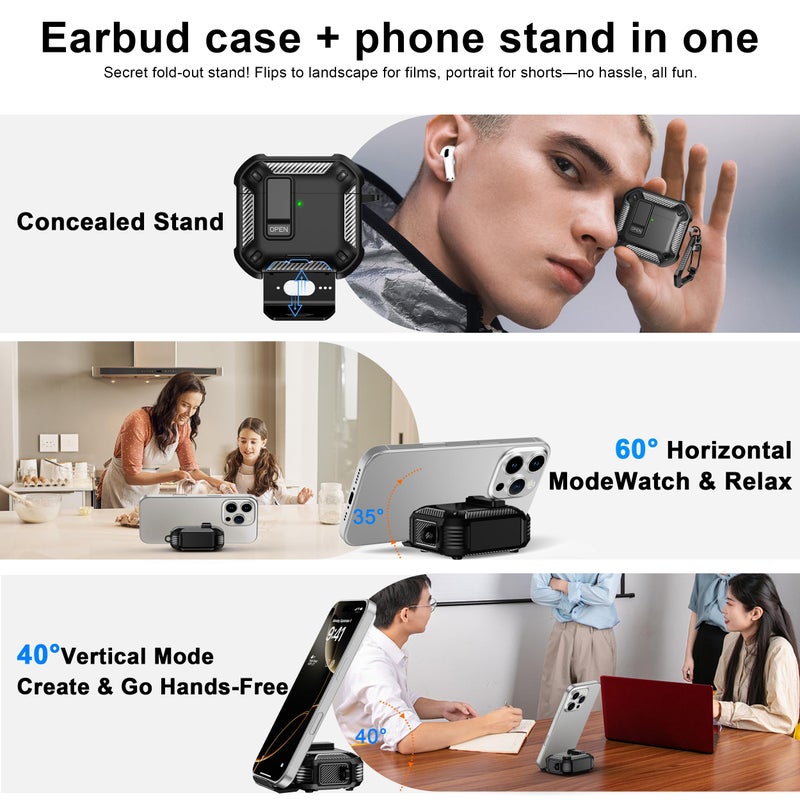 RFUNGUANGO Compatible with AirPods 4 Case,Magnetic Automatic Lock with Phone Holder & Cleaning Kit,Compatible with Magsafe, Back Magnetic Charging, Black - Image 4