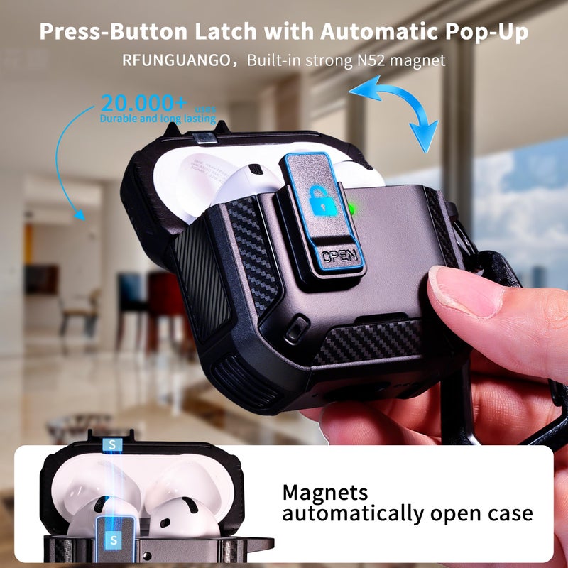 RFUNGUANGO Compatible with AirPods 4 Case,Magnetic Automatic Lock with Phone Holder & Cleaning Kit,Compatible with Magsafe, Back Magnetic Charging, Black - Image 2