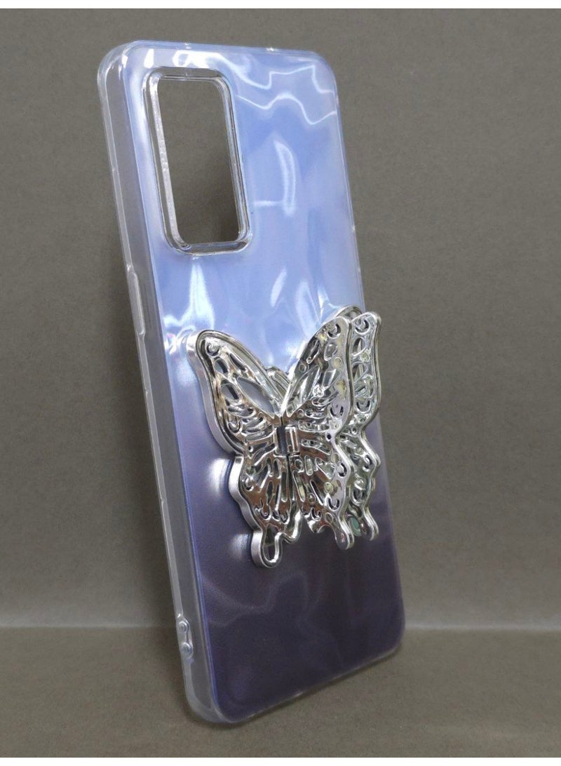 جراب كريستالي شفاف ملون، متوافق مع هاتف اوبو رينو 6 / 5 4G، مقاوم للصدمات والخدش، يتميز بتصميم فراشة وحامل مدمج. خيار رائع للفتيات والنساء. - Image 1