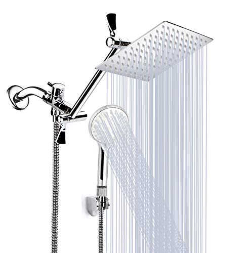 Tudoccy Shower Head, 8 Inch High Pressure Rainfall Shower Head/Handheld Shower Combo with 11 Inch Extension Arm, 9 Settings Adjustable Anti-leak Shower Head with Holder/Hose, Height/Angle Adjustable - Image 1