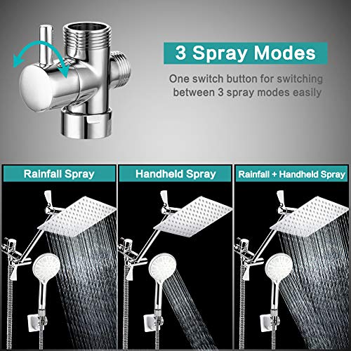 Tudoccy Shower Head, 8 Inch High Pressure Rainfall Shower Head/Handheld Shower Combo with 11 Inch Extension Arm, 9 Settings Adjustable Anti-leak Shower Head with Holder/Hose, Height/Angle Adjustable - Image 3