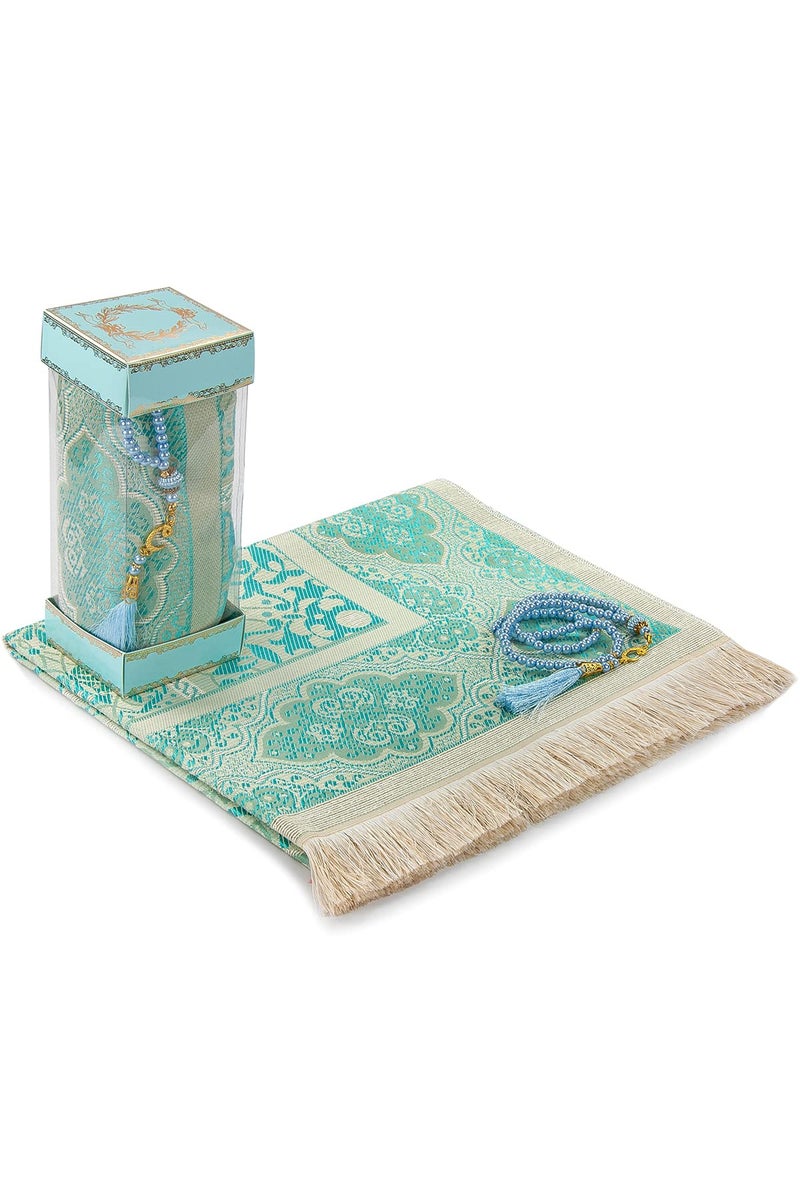 İhvan Online Muslim Prayer Rug and Prayer Beads with Elegant Gift Box Janamaz Sajadah Soft Islamic Prayer Rug Islamic Gifts Set Prayer Carpet Mat Taffeta Fabric Blue