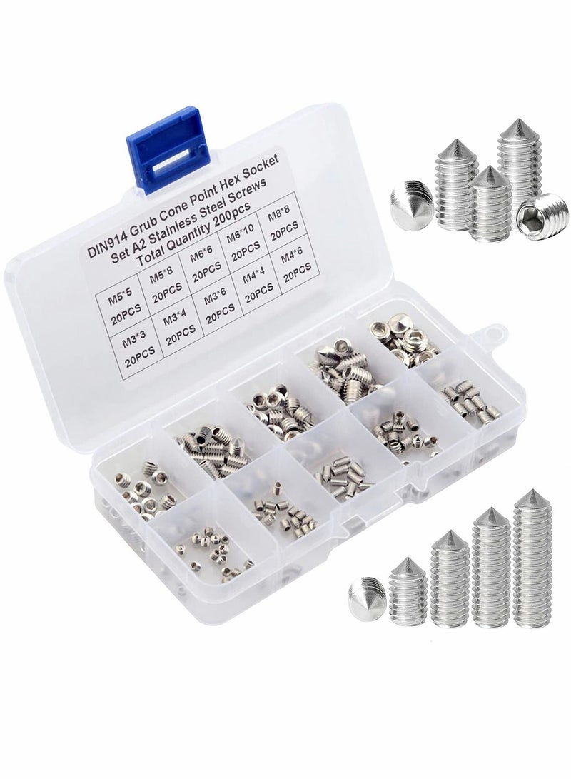 Stainless Steel Grub Cone Point Hex Socket Screws Set, 200 Pcs Metric Thread Allen Key Cup Screw Set with M3 M4 M5 M6 M8 - Image 1