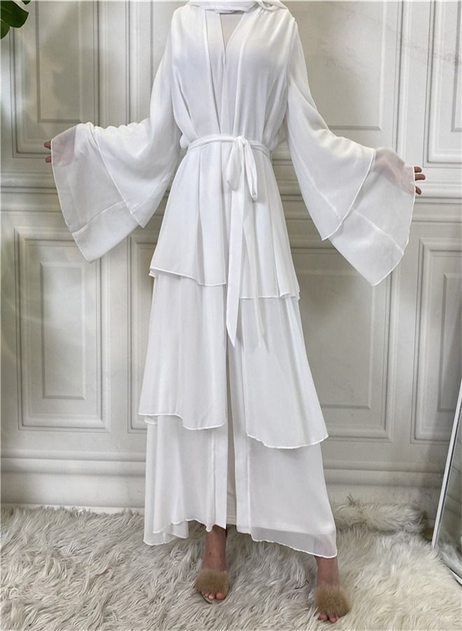 Loquat Pure Color Simple Three Layer Chiffon Cardigan Gown White - Image 1