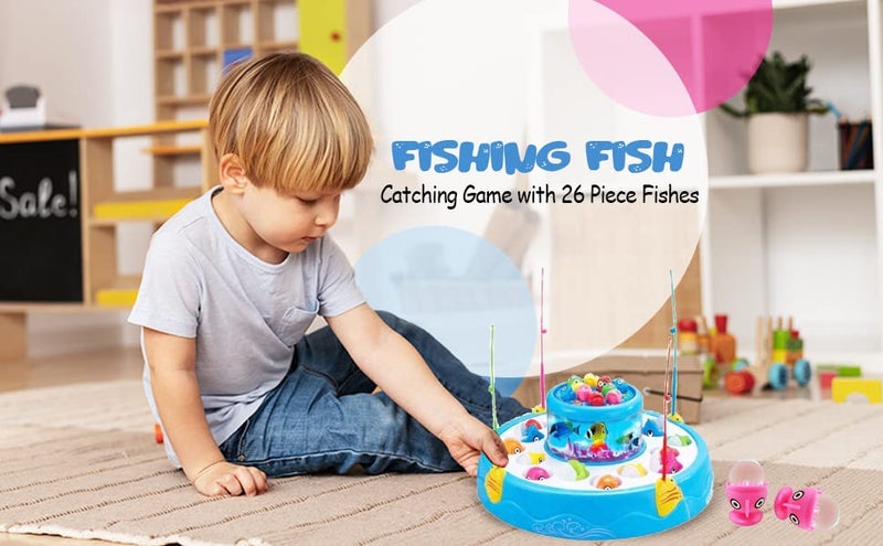 Goyal's Fish Catching Game Big Size with 26 Fishes, 2 Rotating Fish Pond, 4 Catching Pods Magnetic Hooks with Music and Light Best Engaging Educating Fun Gift for Kids Baby Toddler (Blue) - Image 2