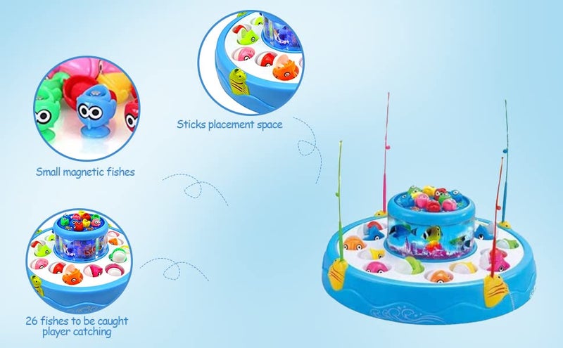 Goyal's Fish Catching Game Big Size with 26 Fishes, 2 Rotating Fish Pond, 4 Catching Pods Magnetic Hooks with Music and Light Best Engaging Educating Fun Gift for Kids Baby Toddler (Blue) - Image 3