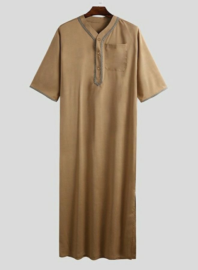 Loquat Men's Muslim Loose Robe Thobe V-Neck Short Sleeve Side Split Kaftan Khaki 