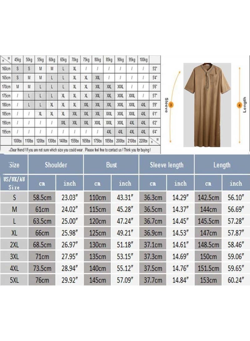 Loquat Men's Muslim Loose Robe Thobe V-Neck Short Sleeve Side Split Kaftan Khaki - Image 2