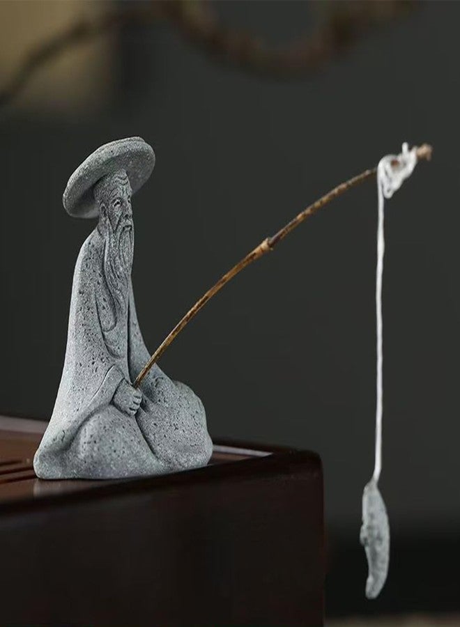 livelyfish Mini Fisherman Statue Asian Zen Decoration Sitting Fishing Figurines Sandstone Vintage Ornament for Aquarium Fish Tank Pot Garden Home Japanese Decor (B) - Image 3