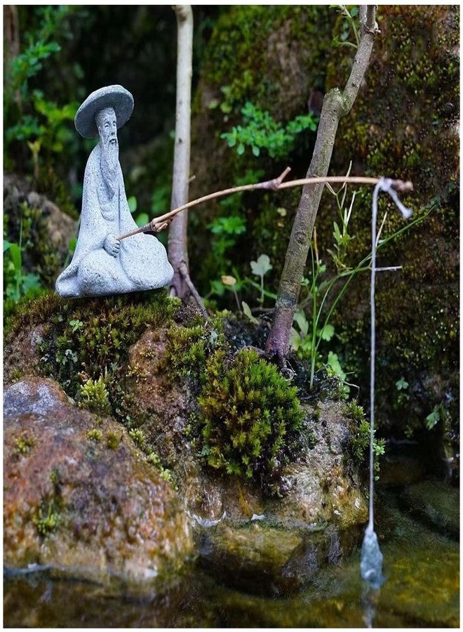 livelyfish Mini Fisherman Statue Asian Zen Decoration Sitting Fishing Figurines Sandstone Vintage Ornament for Aquarium Fish Tank Pot Garden Home Japanese Decor (B) - Image 1