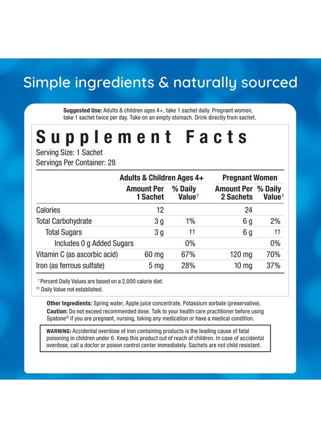 Spatone Spatone Natural Liquid Iron Supplement Plus VIT C for Women - Men & Kids Ages 4+ - Ideal During Pregnancy - Easily Absorbed & Gentle - Vegan - Apple Flavor - 28-Day - 5mg of Iron Per 20mL Sachet  - Image 2