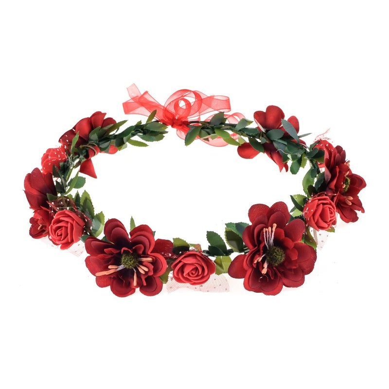 June Bloomy Rose Flower Leave Crown Bridal Halo Headband with Adjustable Ribbon Red