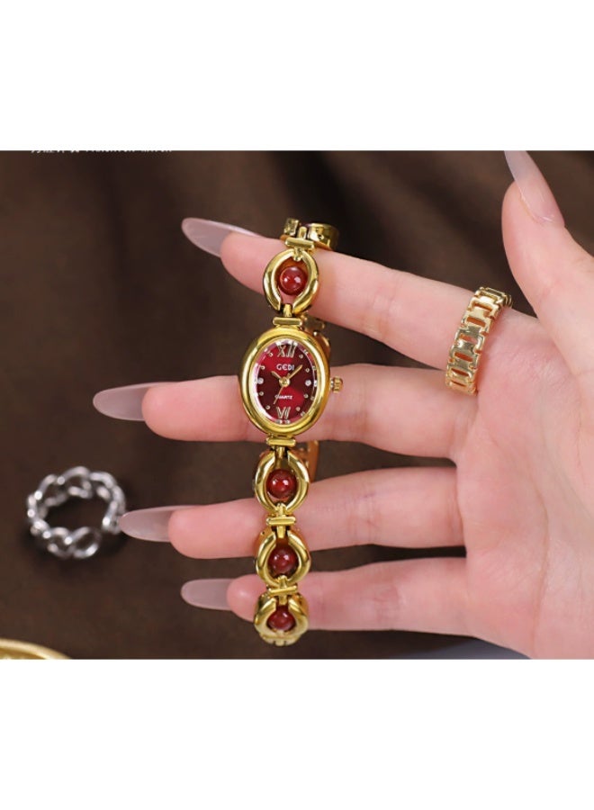 GEDI Red Oval Dial Women's Watch, Gold-Tone with Red Beads - Vintage Elegant Timepiece & Fashion Statement Accessory