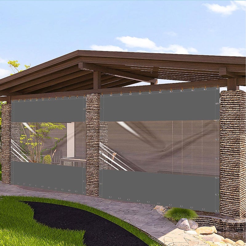 Ezcasch 20 Oz Outdoor Vinyl Curtain, Outdoor Clear Panel Curtain, Weather Resistant Outdoor Curtain for Pergola, Porch, Gazebos, with Rustproof Grommets (8'H x 10'W, Dark Gray) - Image 1