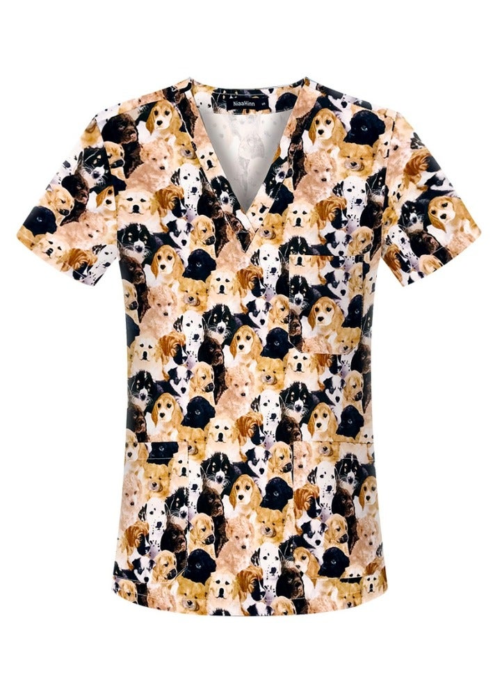 Loquat Cartoon Printed V-Neck Medical Uniform Scrubs Top Comfty Soft Workwear