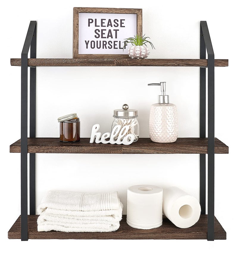 Mkono Floating Wall Shelf 3 Tier 235 Inch Rustic Wood Hanging Book Shelf Bathroom Mounted Shelving Storage Display Shelves for Living Room Bedroom Kitchen Office