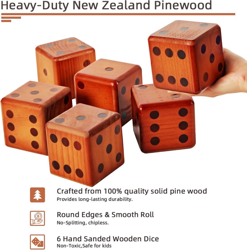 ApudArmis Classic Mahogany Giant Wooden Yard Dice Set, 3.5In Big Die Lawn Game Set with Scoreboard & Carrying Bag - Large Pine Wooden 6 Dice Backyard Game for Adults Family - Image 2
