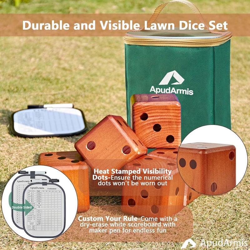 ApudArmis Classic Mahogany Giant Wooden Yard Dice Set, 3.5In Big Die Lawn Game Set with Scoreboard & Carrying Bag - Large Pine Wooden 6 Dice Backyard Game for Adults Family - Image 3