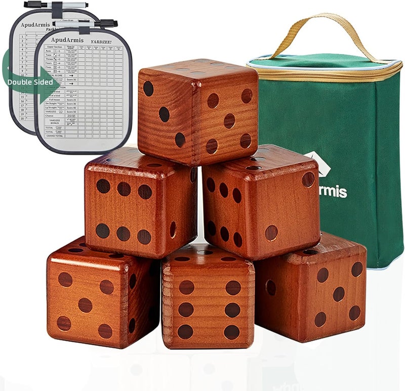 ApudArmis Classic Mahogany Giant Wooden Yard Dice Set, 3.5In Big Die Lawn Game Set with Scoreboard & Carrying Bag - Large Pine Wooden 6 Dice Backyard Game for Adults Family - Image 1