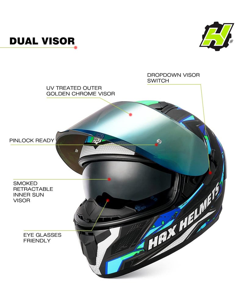 HAX Obsidian Full Face Dual Visor Adult Motorcycle Helmet for Motorbike Street Bike with Pinlock Ready DOT Approved Slayer Turquoise XXL - Image 5