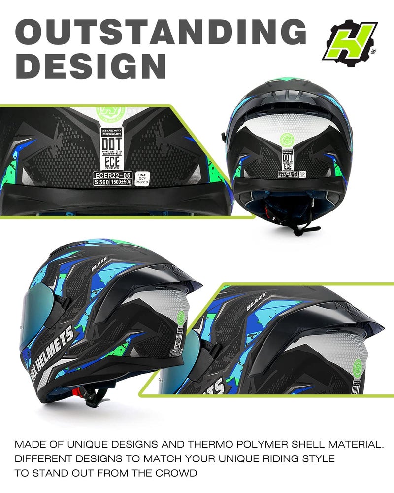 HAX Obsidian Full Face Dual Visor Adult Motorcycle Helmet for Motorbike Street Bike with Pinlock Ready DOT Approved Slayer Turquoise XXL - Image 4