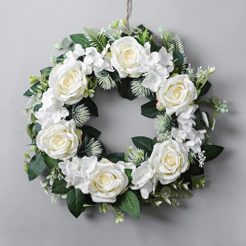 Destment Winter Wreath for Front Door - Artificial Rose Spring Farmhouse Decoration (White) - Image 1