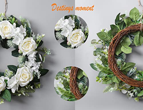 Destment Winter Wreath for Front Door - Artificial Rose Spring Farmhouse Decoration (White) - Image 3