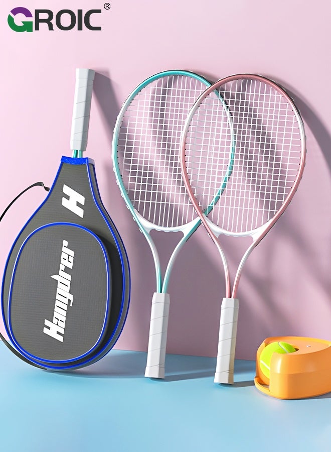 GROIC مجموعة مضارب تنس 27" - 2 مضرب تنس، 1 كرة مع حبل، 1 قاعدة مدرب و1 حقيبة تنس، مدرب تنس، معدات تدريب تنس، مجموعة تدريب مثالية للاعبين المبتدئين/المتوسطين - Image 1