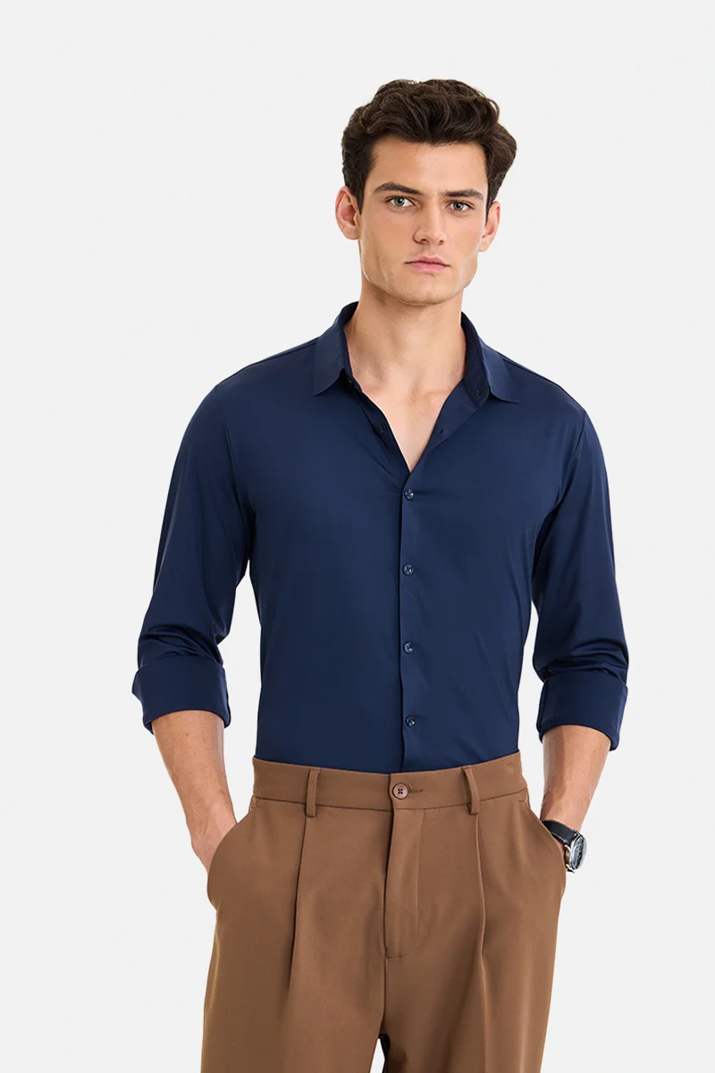 SNITCH Navy Solid Long Sleeve Regular Fit Casual Shirt