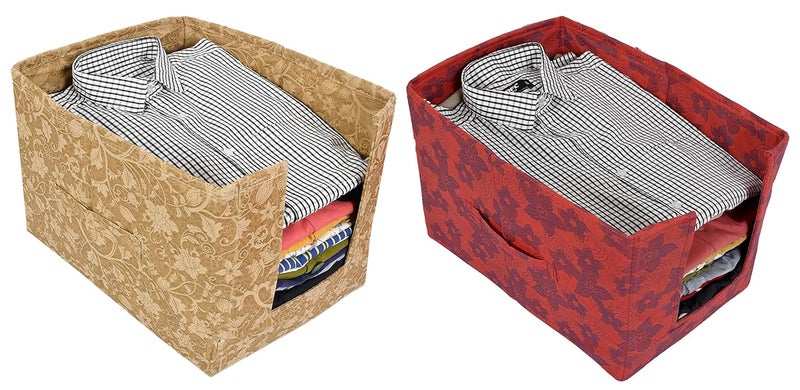 Kuber Industries Metallic Print 2 Pieces Non Woven Shirt StackerShirt Organizer Wardrobe Organizer Beige RedKUBMART1658 - Image 1