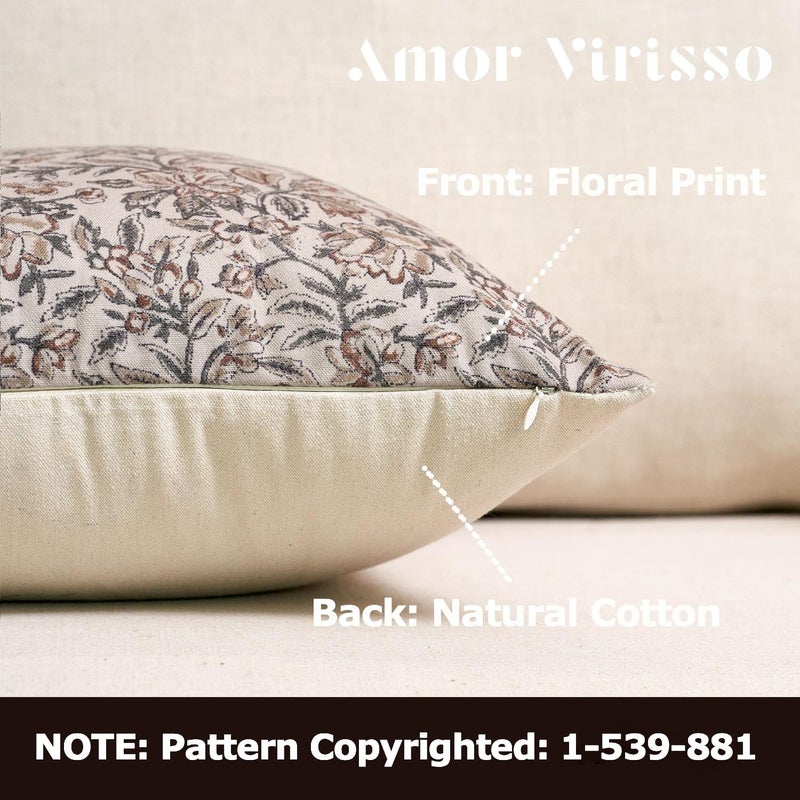 Amor Virisso Floral Throw Pillow Covers 24x24 Set of 2 Vintage Block Print Pillow Covers Decorative Pillow Covers Couch Pillows for Living Room Farmhouse Accent Sofa Pillows, Green/Sand - Image 2